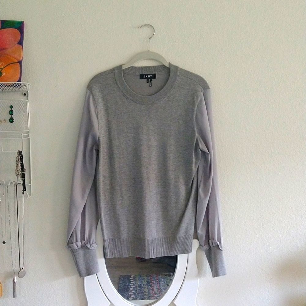 DKNY Crew Sweater with Fabric Sleeves Gray size Medium